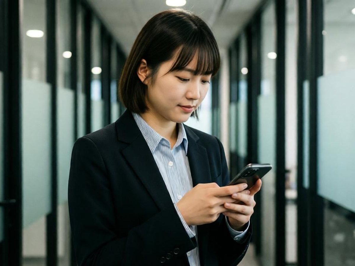 A workplace professional checking a notification on her phone in an office corridor